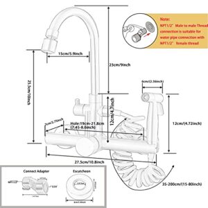 Wall Mount Kitchen Faucet 8 Inch Faucet Brushed Nickeled Faucet for Kitchen, with Spray Gun and 2 Water Jet, Swivel 360° spout Wall Faucet, Wall mounting Kitchen Faucet