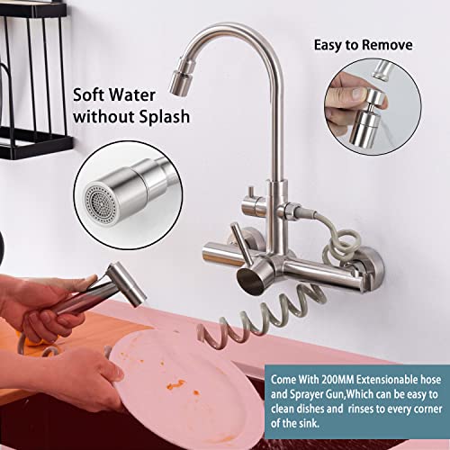 Wall Mount Kitchen Faucet 8 Inch Faucet Brushed Nickeled Faucet for Kitchen, with Spray Gun and 2 Water Jet, Swivel 360° spout Wall Faucet, Wall mounting Kitchen Faucet