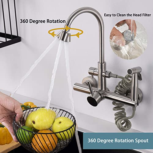 Wall Mount Kitchen Faucet 8 Inch Faucet Brushed Nickeled Faucet for Kitchen, with Spray Gun and 2 Water Jet, Swivel 360° spout Wall Faucet, Wall mounting Kitchen Faucet