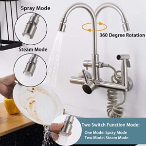 Wall Mount Kitchen Faucet 8 Inch Faucet Brushed Nickeled Faucet for Kitchen, with Spray Gun and 2 Water Jet, Swivel 360° spout Wall Faucet, Wall mounting Kitchen Faucet