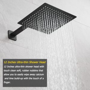 Heable Matte Black Shower System 12 Inches Bathroom Luxury Rain Shower Head with Handheld Combo Set Wall Mounted High Pressure Rainfall Shower Head System Shower Faucet Set with Valve and Trim