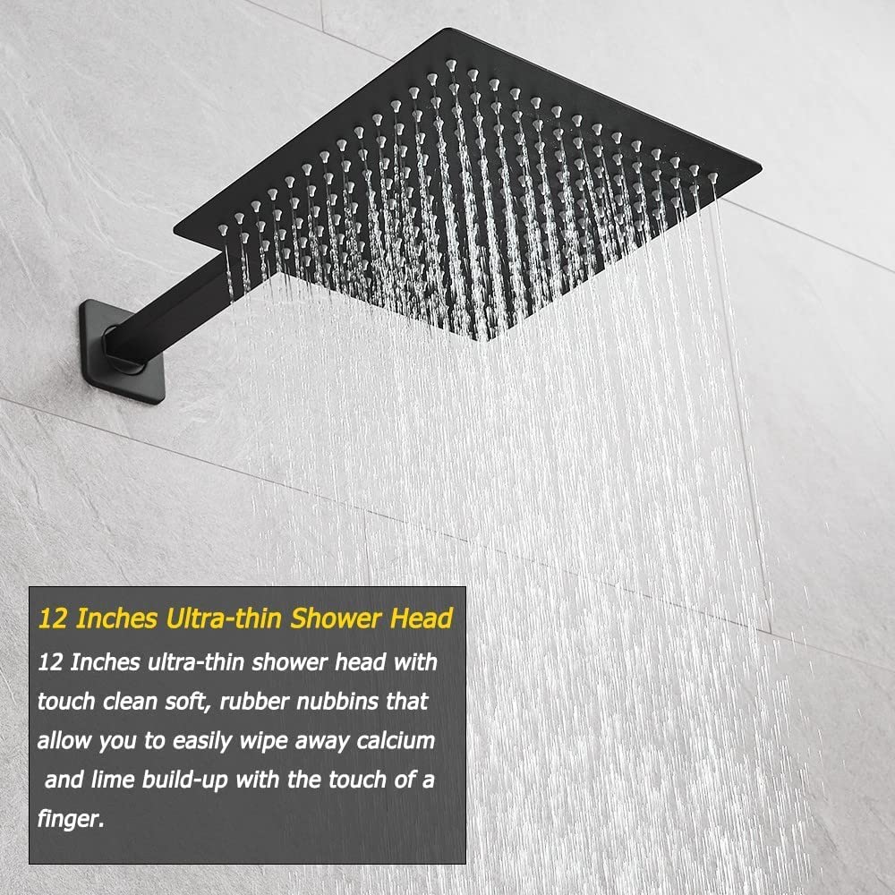 Heable Matte Black Shower System 12 Inches Bathroom Luxury Rain Shower Head with Handheld Combo Set Wall Mounted High Pressure Rainfall Shower Head System Shower Faucet Set with Valve and Trim