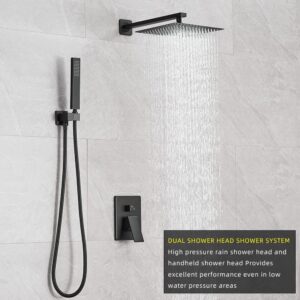 Heable Matte Black Shower System 12 Inches Bathroom Luxury Rain Shower Head with Handheld Combo Set Wall Mounted High Pressure Rainfall Shower Head System Shower Faucet Set with Valve and Trim