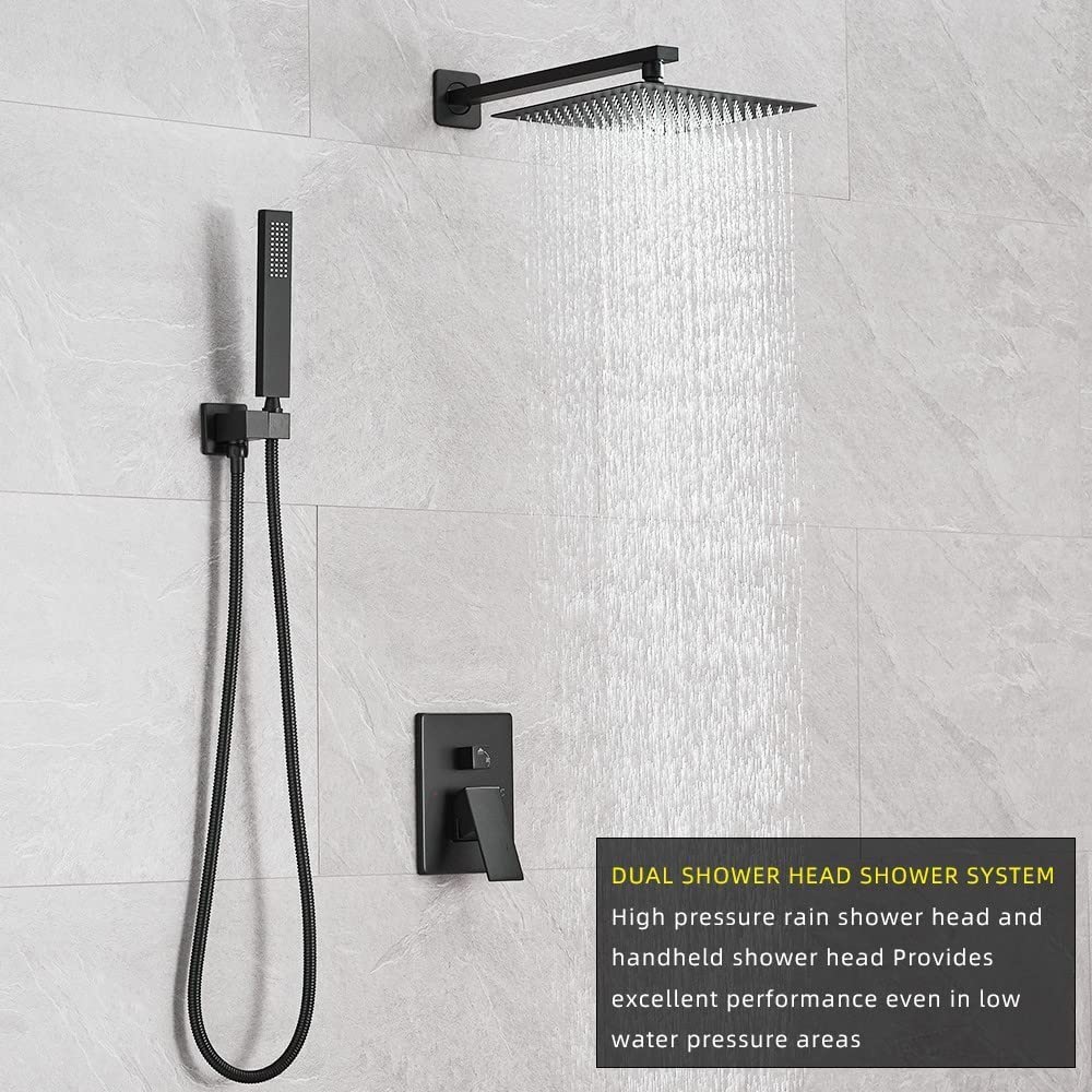 Heable Matte Black Shower System 12 Inches Bathroom Luxury Rain Shower Head with Handheld Combo Set Wall Mounted High Pressure Rainfall Shower Head System Shower Faucet Set with Valve and Trim