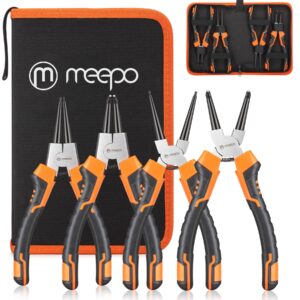 m meepo snap ring pliers set, heavy duty 4-piece 7-inch internal external circlip, straight bent c-clip pliers lock pliers, 5/64" tip, for ring remover retaining, with portable pouch