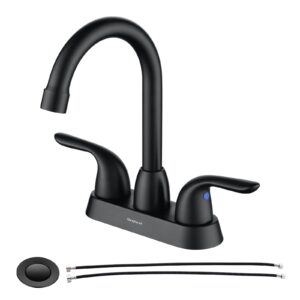 matte black bathroom faucet two handle,4 inch 2 handle centerset bathroom sink faucet with pop-up drain and upc certified supply lines, 360 swivel spout 2-3 hole rv vanity sink faucet, lead-free