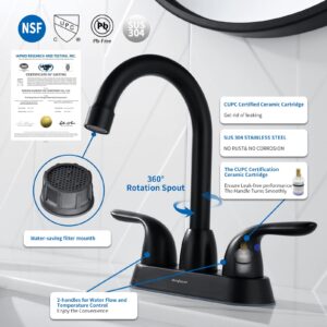 Matte Black Bathroom Faucet Two Handle,4 Inch 2 Handle Centerset Bathroom Sink Faucet with Pop-up Drain and UPC Certified Supply Lines, 360 Swivel Spout 2-3 Hole RV Vanity Sink Faucet, Lead-Free
