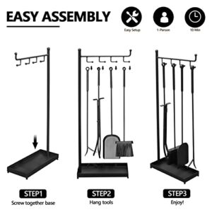 Fireplace Tools Set, 5PCS Black Fireplace Fire Pit Tools, Wrought Iron Fire Place Accessories Ergonomic Handles Outdoor Modern Contemporary Tool, Stand for Outdoor Indoor Chimney, Hearth, Stove, Firep