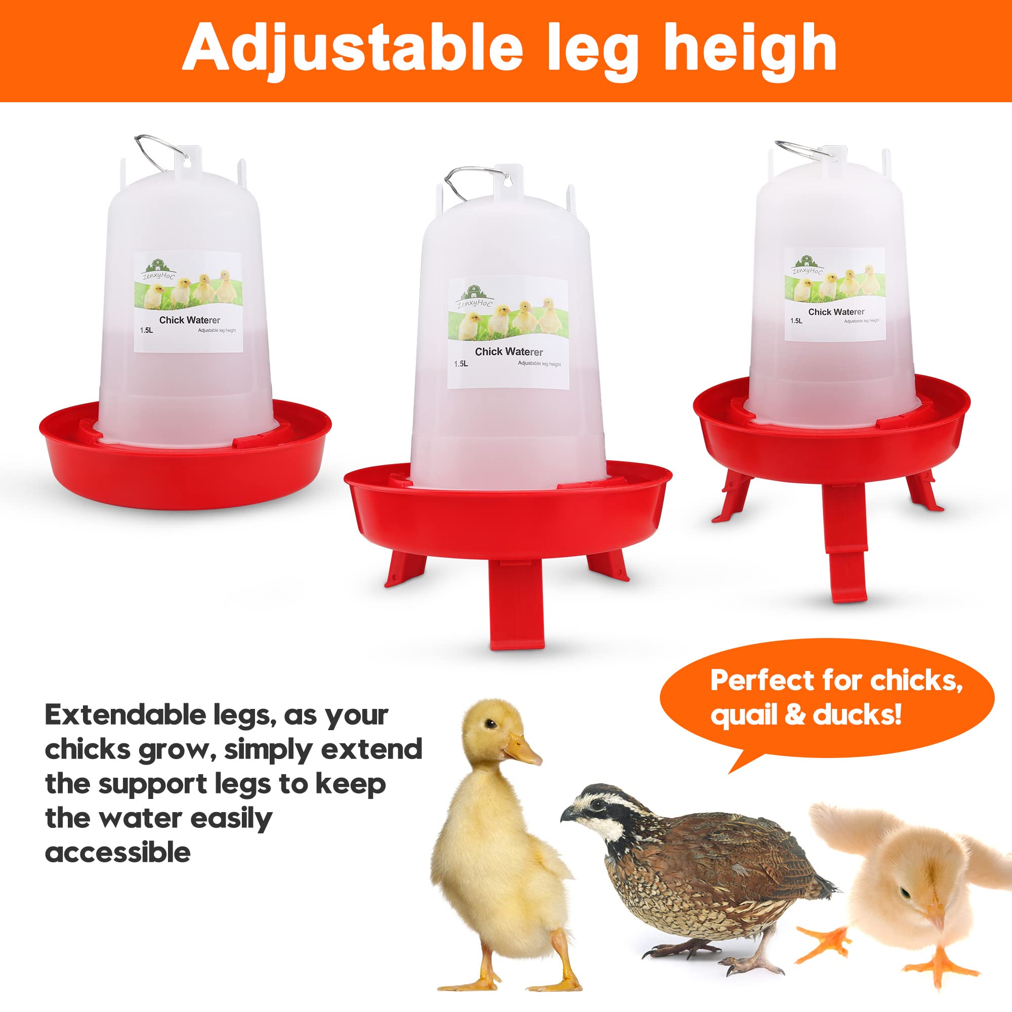 ZenxyHoC 1L Chick Feeder and 1.5L Chick Waterer Kit with 3 Adjustable Heights Combo for Baby Chicken Duck Brooder