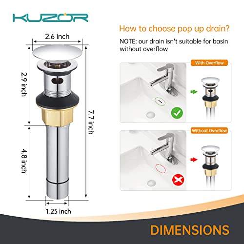 KUZOR 2 PCS Bathroom Sink Drain Assembly Pop Up Drain with Overflow Stainless Steel Chrome for Vessel Vanity with Detachable Built-in Anti-Clogging Strainer