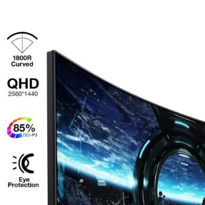 KOORUI QHD Curved 27 Inch Monitor, Fast VA Computer Gaming Monitor(2560 * 1440P, R1800, 144Hz, 1ms, DCI-P3 85%, DP+HDMI, Game Mode, Eye Protection, Rocker Button), Narrow Bezel