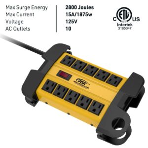 CRST 10-Outlet Heavy Duty Power Strip Surge Protector with 2800 Joules for Garden, Workshop, School, Shop 14AWG 15FT+6FT