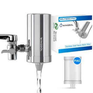 wingsol stainless-steel faucet water filter, faucet mount water filtration system, tap water filter, reduce heavy metals, chlorine and bad taste, 320g long lasting -1 filter included