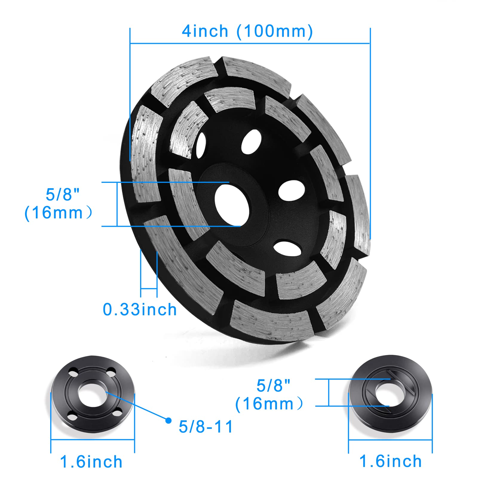 2 Packs of 4” Dual Row Teeth Diamond Cup Wheels with Lock Nuts and 5/8-11 Spanner for Angle Grinders, Grinding Polishing Cleaning Concrete Stone Granite Cement Marble Masonry Rock Brick Hard Materials