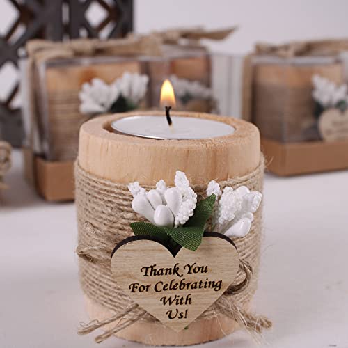 Pack of 10 Wood Tealight Candle Holder, Bridal Shower Tealight Holder Thank You Gifts, Wedding Party Favors for Guests, Wooden Cylinder Candle Holders for Table Centerpiece (Heart Tag, Light Brown)