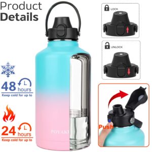 Water Bottle Insulated 64 oz- Straw lid and Auto Spout lid, Leak Proof, Vacuum Insulated, Large Metal Stainless Steel Water Jug Half Gallon Wide Mouth for Sports, Gym, Keep Cold 24H Hot 12H