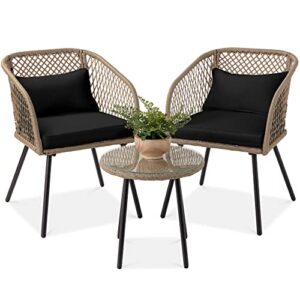 best choice products 3-piece outdoor wicker bistro set, patio dining conversation furniture for backyard, balcony, porch w/diamond weave design, tempered glass side table, 2 chairs - black