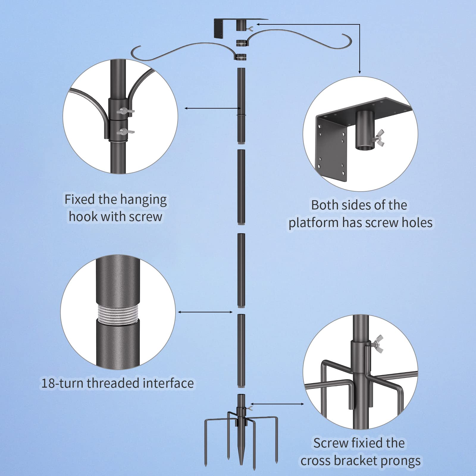 Mosloly Bird House Pole Kit 80inch - Universal Metal Bird Feeders Pole Mount Set with 5-Prongs Base and 2 Hanging Arms, Bird Feeding Station for Bird Watching, Plant Hanger