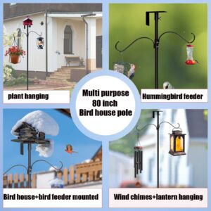 Mosloly Bird House Pole Kit 80inch - Universal Metal Bird Feeders Pole Mount Set with 5-Prongs Base and 2 Hanging Arms, Bird Feeding Station for Bird Watching, Plant Hanger