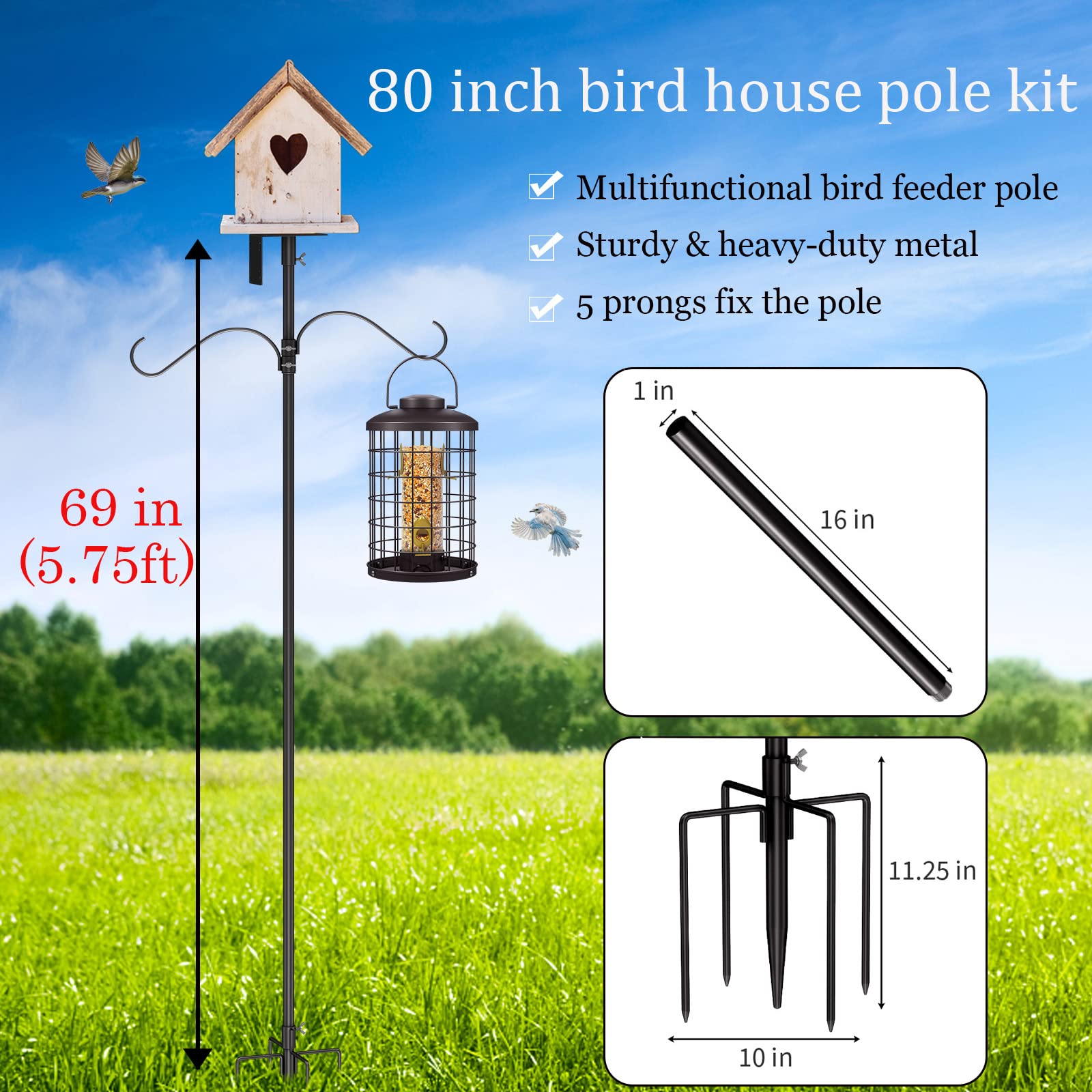 Mosloly Bird House Pole Kit 80inch - Universal Metal Bird Feeders Pole Mount Set with 5-Prongs Base and 2 Hanging Arms, Bird Feeding Station for Bird Watching, Plant Hanger