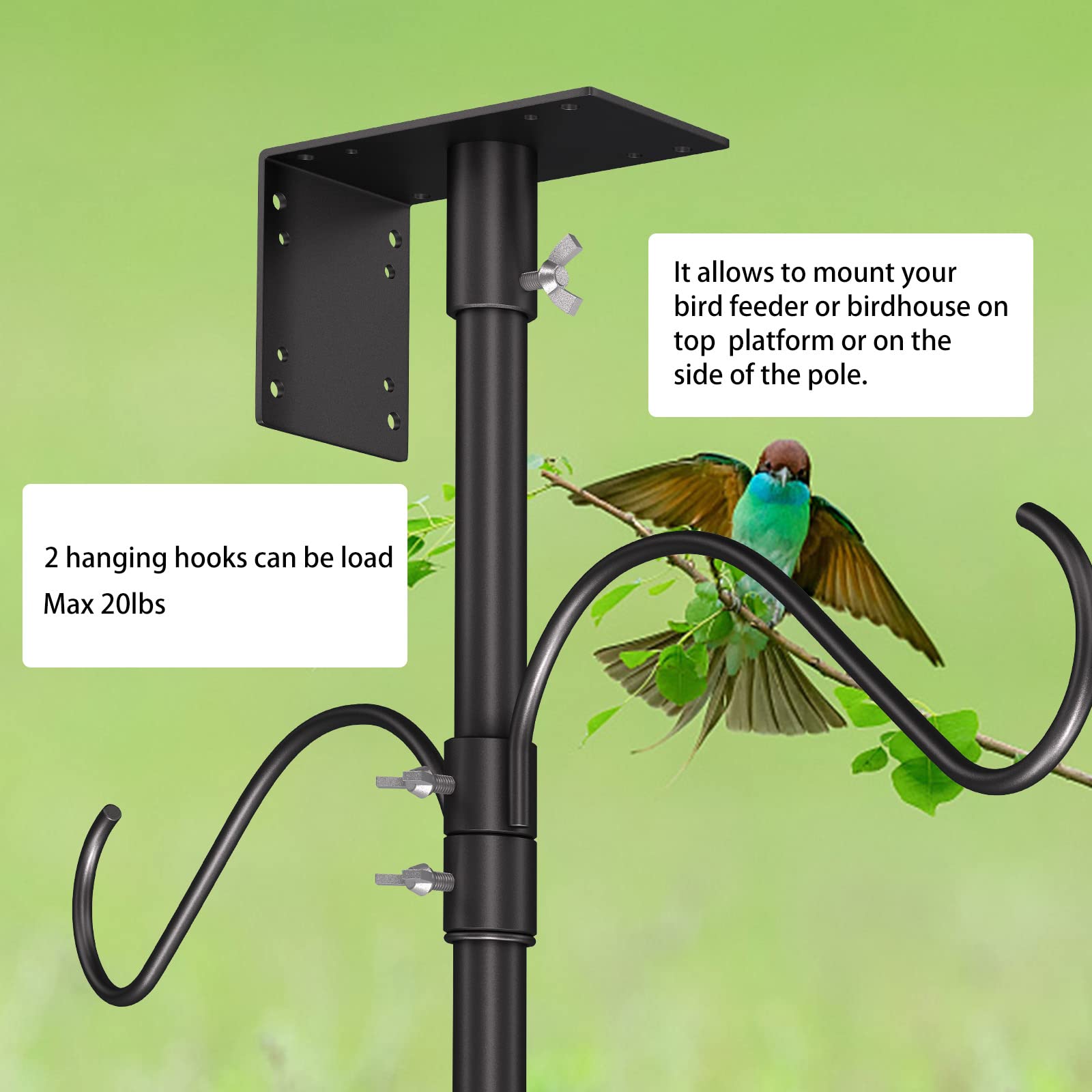 Mosloly Bird House Pole Kit 80inch - Universal Metal Bird Feeders Pole Mount Set with 5-Prongs Base and 2 Hanging Arms, Bird Feeding Station for Bird Watching, Plant Hanger