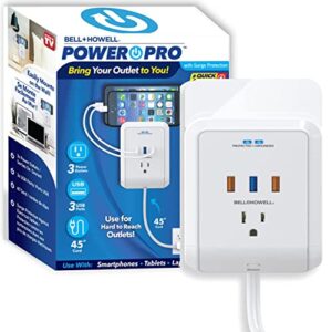bell + howell power pro outlet extender, wall outlet plug extender, 4 foot extension cord surge protector, 6 total ports 3 plugs & 3 usb charging ports, 3 prong outlet splitter, multi outlet wall plug