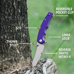 CIVIVI P87 Folder EDC Knife, Kaila Cumings 2.9-in Nitro-V Silver Bead Blasted Blade Reverse Tanto, G10 Handle with A Thumb Stud Liner Lock Folding Pocket Knife for Everyday Carry (Purple)