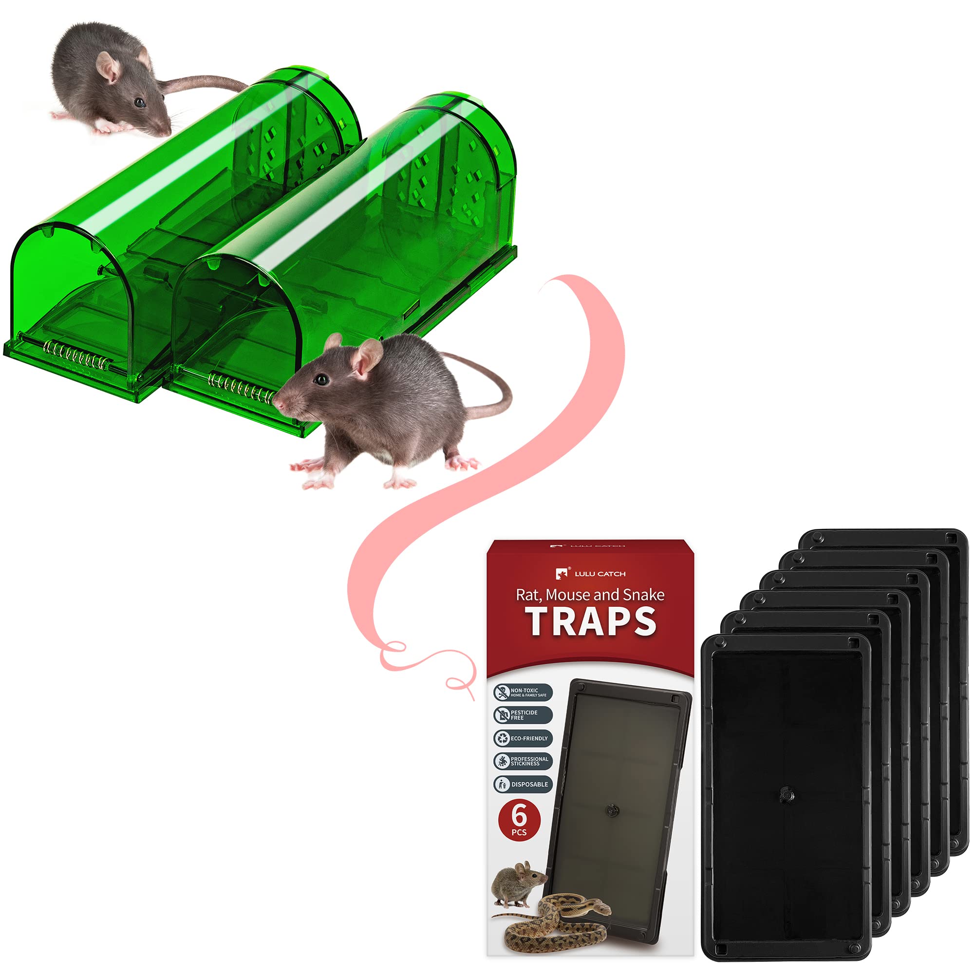 LULUCATCH Mouse Traps 2 Pack, Humane Mouse Trap, Live Catch Release with Super Glue Traps 6 Pack for Mice & Snakes, Larger, Heavier Sticky Traps with Non-Toxic Glue.