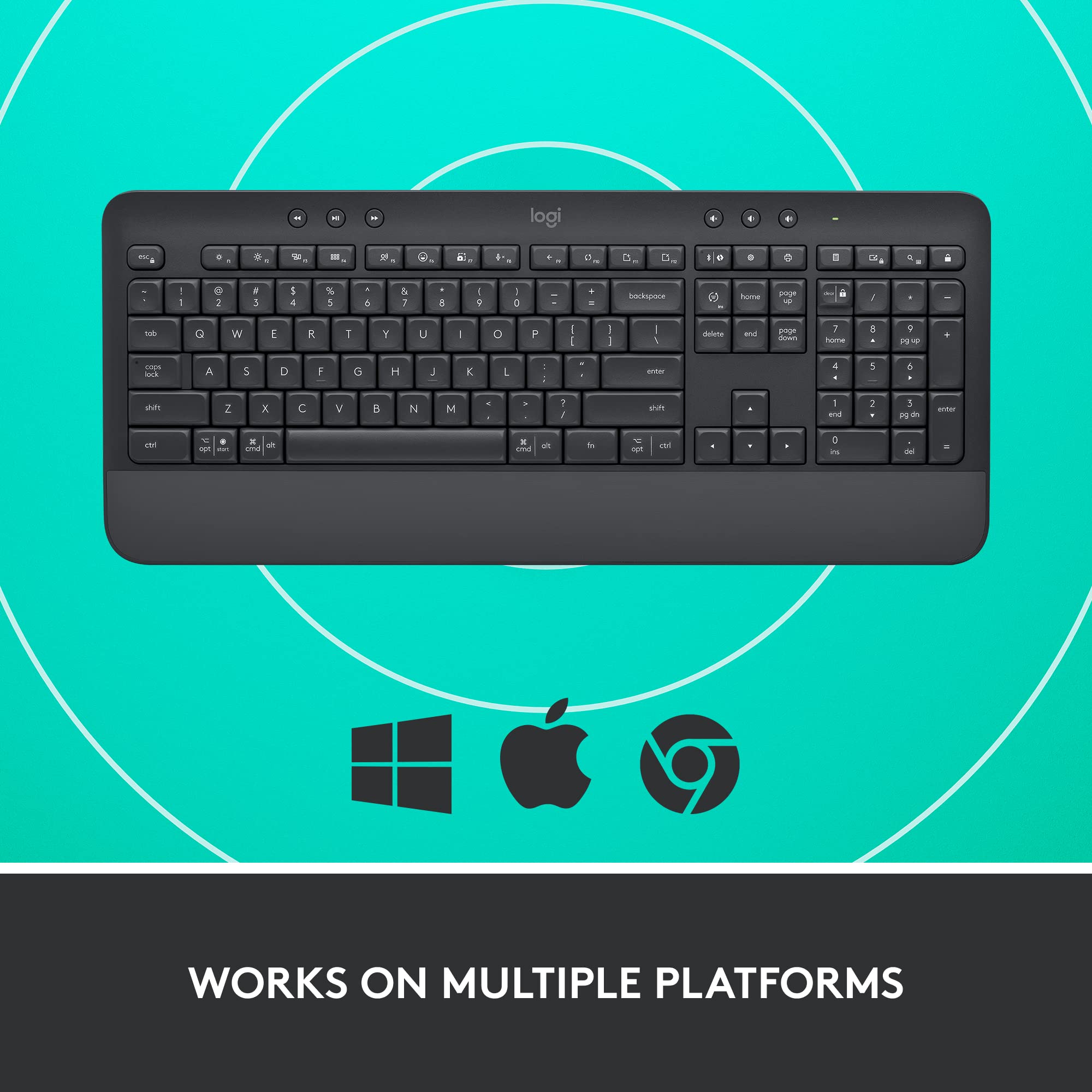 Logitech Signature K650 Comfort Full-Size Wireless Keyboard with Wrist Rest, BLE Bluetooth or Logi Bolt USB Receiver, Deep-Cushioned Keys, Numpad, Compatible with Most OS/PC/Window/Mac - Graphite
