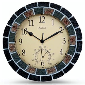 ocest 10 inch indoor outdoor clock, waterproof wall clock with thermometer, weather resistance non-ticking battery operated décor clock for patio, pool, lanai, fence, porch, garden, bathroom