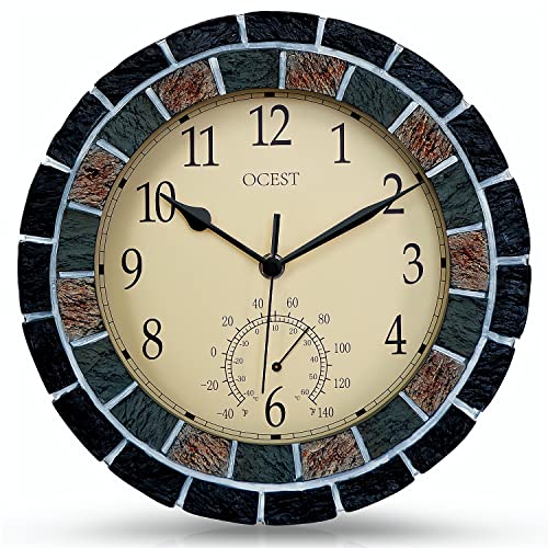 OCEST 10 Inch Indoor Outdoor Clock, Waterproof Wall Clock with Thermometer, Weather Resistance Non-Ticking Battery Operated Décor Clock for Patio, Pool, Lanai, Fence, Porch, Garden, Bathroom