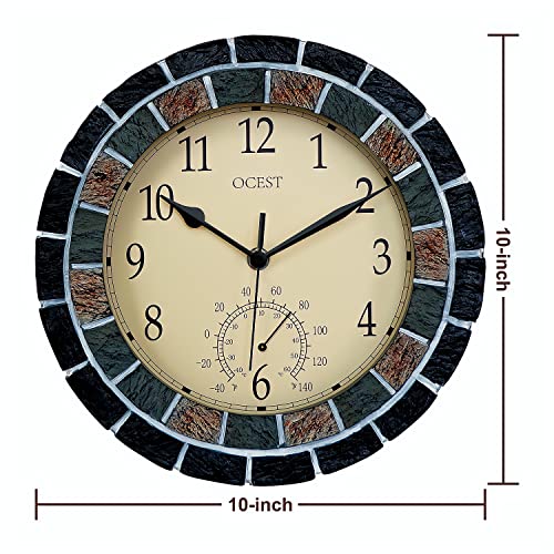 OCEST 10 Inch Indoor Outdoor Clock, Waterproof Wall Clock with Thermometer, Weather Resistance Non-Ticking Battery Operated Décor Clock for Patio, Pool, Lanai, Fence, Porch, Garden, Bathroom