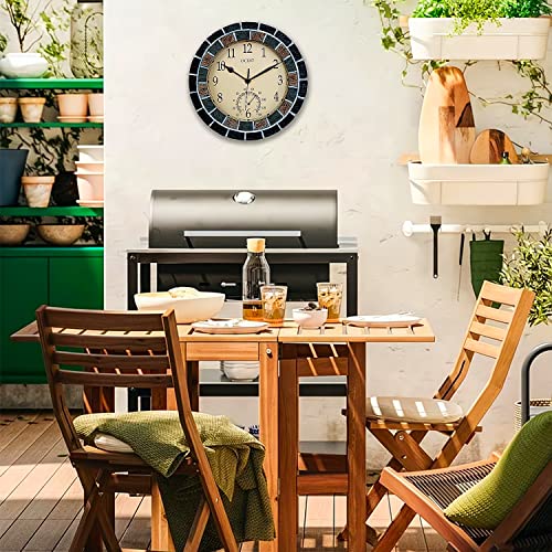 OCEST 10 Inch Indoor Outdoor Clock, Waterproof Wall Clock with Thermometer, Weather Resistance Non-Ticking Battery Operated Décor Clock for Patio, Pool, Lanai, Fence, Porch, Garden, Bathroom