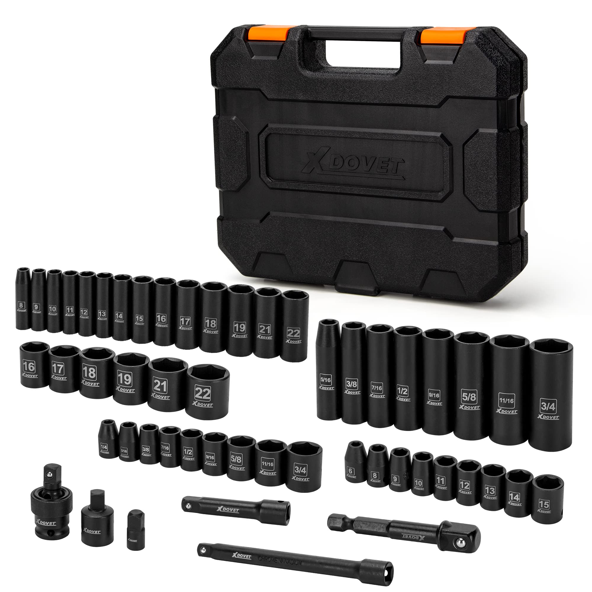 XDOVET 3/8" Impact Socket Set, 3/8-Inch Drive Socket Set, 52-PCS Deep Standard SAE Metric 1/4" - 3/4", 6-22mm 6 Point Socket Set, Includes Extension Bars, Socket Adapter, Universal Joint [NEW UPDATE]