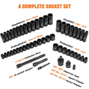 XDOVET 3/8" Impact Socket Set, 3/8-Inch Drive Socket Set, 52-PCS Deep Standard SAE Metric 1/4" - 3/4", 6-22mm 6 Point Socket Set, Includes Extension Bars, Socket Adapter, Universal Joint [NEW UPDATE]