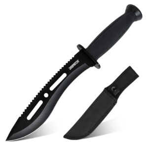 dispatch tactical kukri machete survival hunting knife with kukri recurved blade, steel head steel tail of fixed blade knife with sheath for outdoor survival, camping, and bushcraft