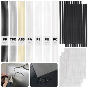 mardatt 75pcs 13" plastic welding rods assorted set with stainless steel mesh, 8 types pp pu abs pe tpo pa pc plastic welder repair rods welding strips for auto car bumpers kayak repairs