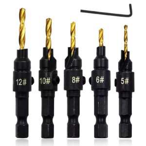 countersink drill bit set for wood working, 5 pcs titanium coated countersink bits 1/4-inch hex shank wood drill bit set, quick change counter sinker drill bit for wood carpentry trim tools