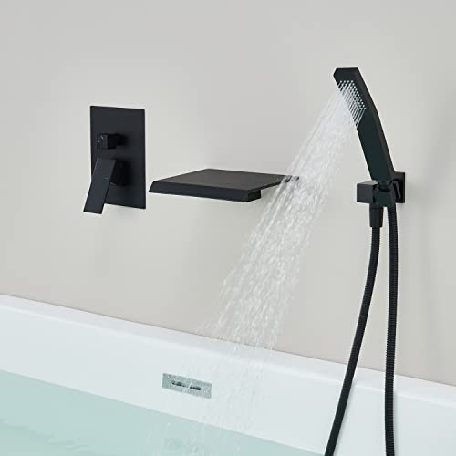 Wowkk Wall Mount Tub Filler Waterfall Tub Faucet Black Bathtub Faucet Brass Single Handle Bathroom Faucet with Hand Shower