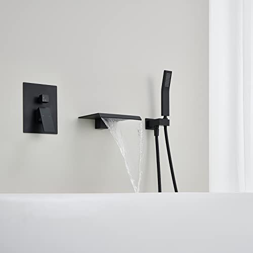 Wowkk Wall Mount Tub Filler Waterfall Tub Faucet Black Bathtub Faucet Brass Single Handle Bathroom Faucet with Hand Shower