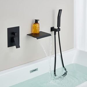 Wowkk Wall Mount Tub Filler Waterfall Tub Faucet Black Bathtub Faucet Brass Single Handle Bathroom Faucet with Hand Shower