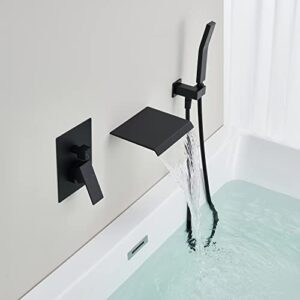 Wowkk Wall Mount Tub Filler Waterfall Tub Faucet Black Bathtub Faucet Brass Single Handle Bathroom Faucet with Hand Shower