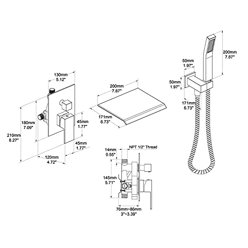 Wowkk Wall Mount Tub Filler Waterfall Tub Faucet Black Bathtub Faucet Brass Single Handle Bathroom Faucet with Hand Shower