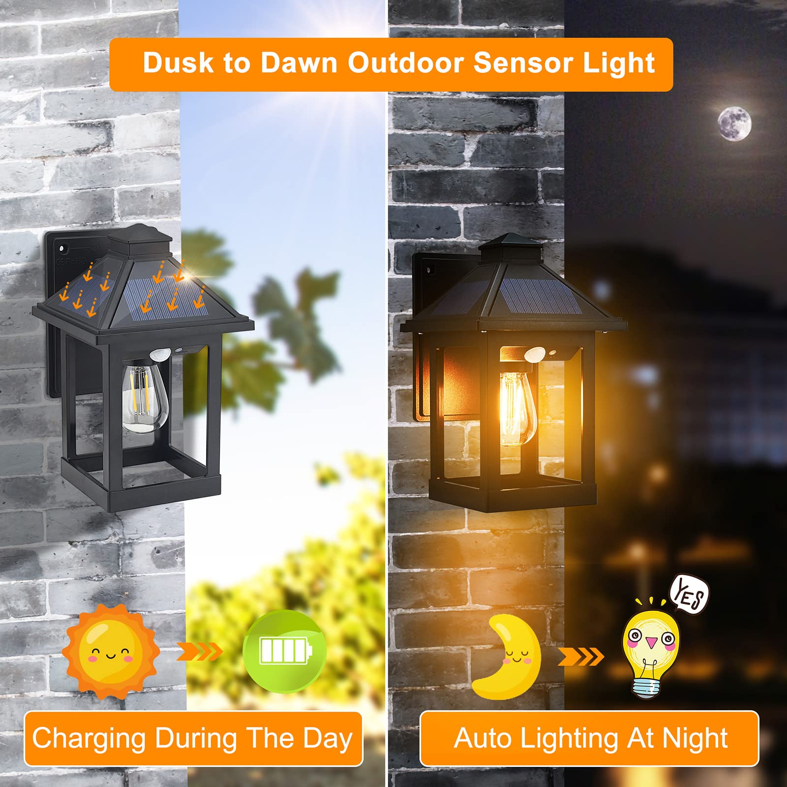 UOOIUMOY 2 Pack Solar Powered Wall Lantern Lights with 3 Lighting Modes, LED Dusk to Dawn Solar Sconce Outdoor Wall Mount, Motion Sensor Front Porch Lights Fixtures Waterproof for Patio Garage