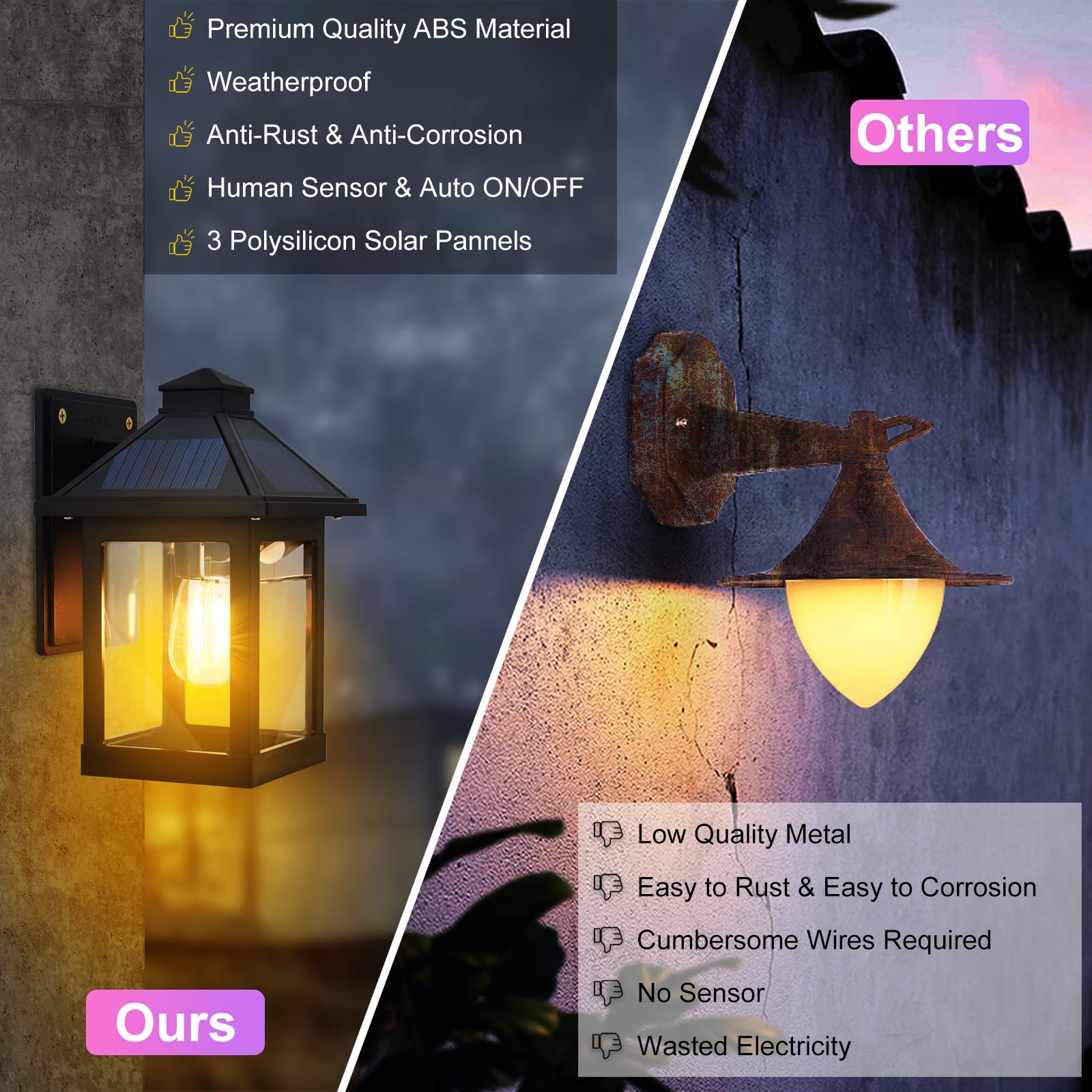 UOOIUMOY 2 Pack Solar Powered Wall Lantern Lights with 3 Lighting Modes, LED Dusk to Dawn Solar Sconce Outdoor Wall Mount, Motion Sensor Front Porch Lights Fixtures Waterproof for Patio Garage