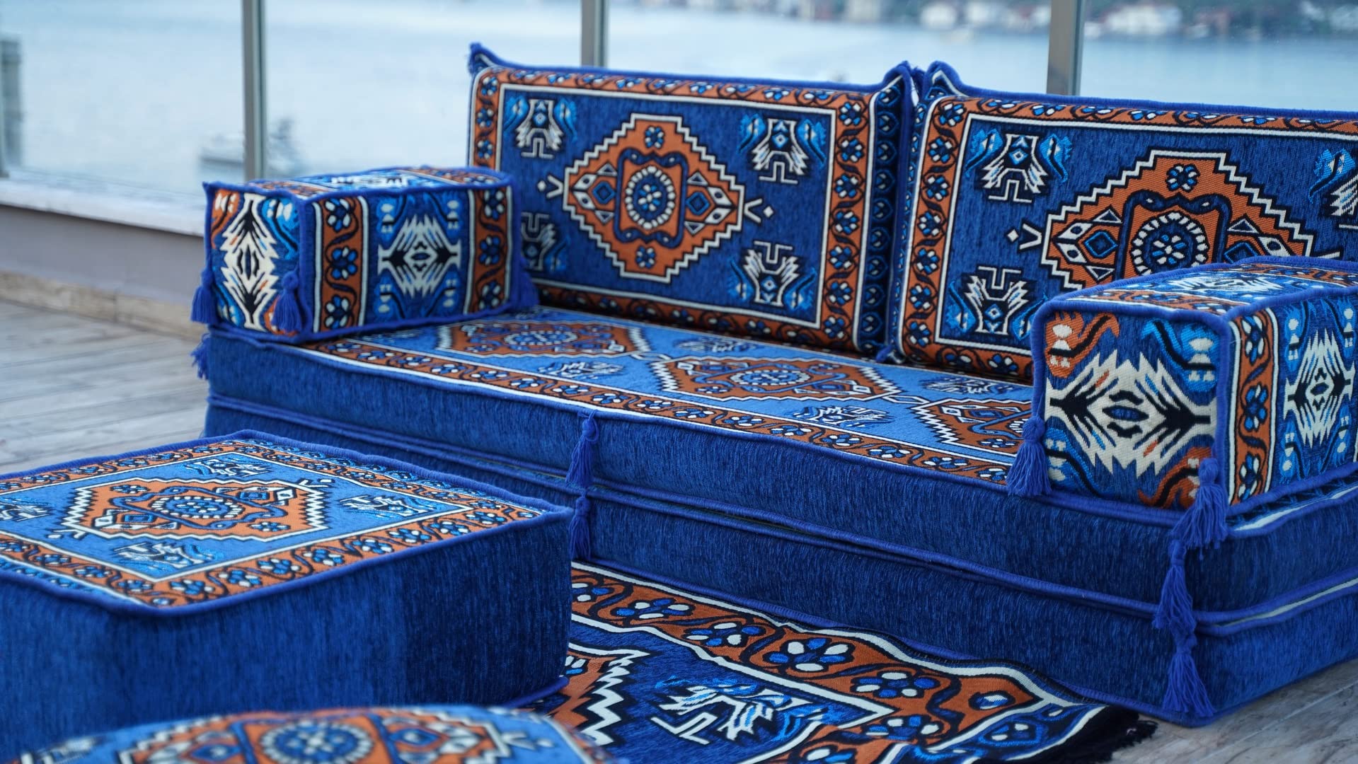 Royal Blue 8" Thickness Arabic Floor Sofa, Meditation Yoga Loveseat, Sectional Sofa, Arabic Majilis, Healing Room Floor Cushion, Sofa Covers (Sofa Full Set)