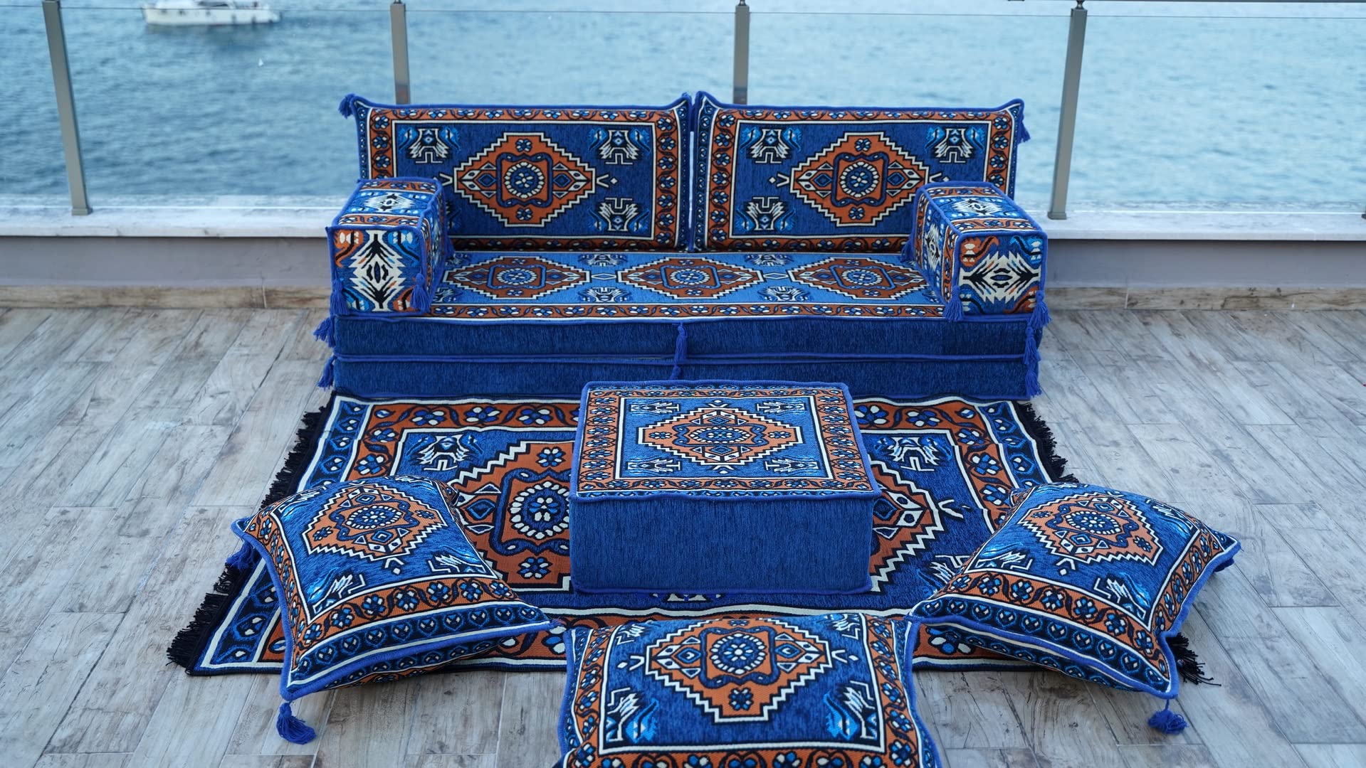 Royal Blue 8" Thickness Arabic Floor Sofa, Meditation Yoga Loveseat, Sectional Sofa, Arabic Majilis, Healing Room Floor Cushion, Sofa Covers (Sofa Full Set)