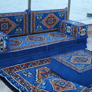 Royal Blue 8" Thickness Arabic Floor Sofa, Meditation Yoga Loveseat, Sectional Sofa, Arabic Majilis, Healing Room Floor Cushion, Sofa Covers (Sofa Full Set)