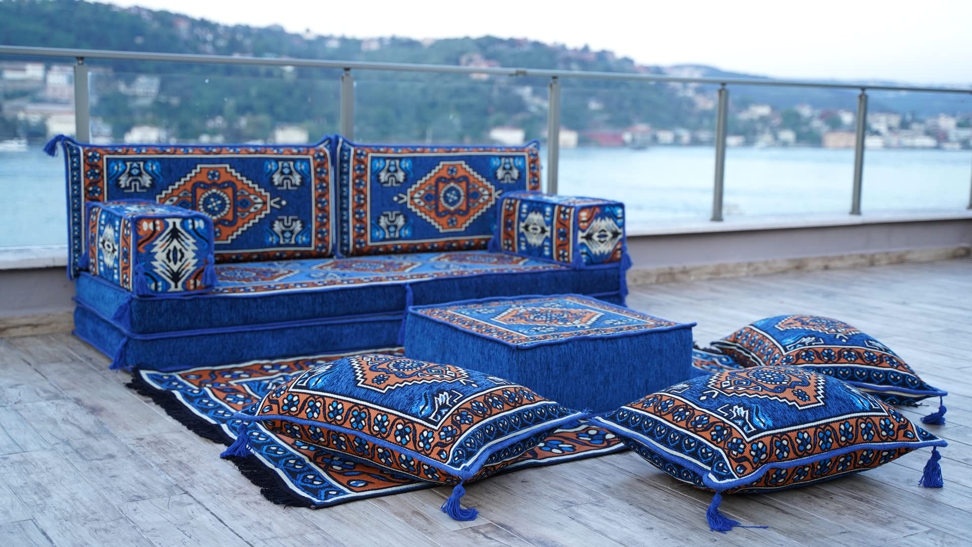 Royal Blue 8" Thickness Arabic Floor Sofa, Meditation Yoga Loveseat, Sectional Sofa, Arabic Majilis, Healing Room Floor Cushion, Sofa Covers (Sofa Full Set)