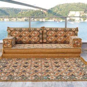 8" Thickness Gold Floor Couch, Sectional Sofa, Arabic Majilis, Arabic Jalsa, Meditation Yoga Loveseat, Healing Room Floor Cushion, Sofa Covers (Sofa + Rug)